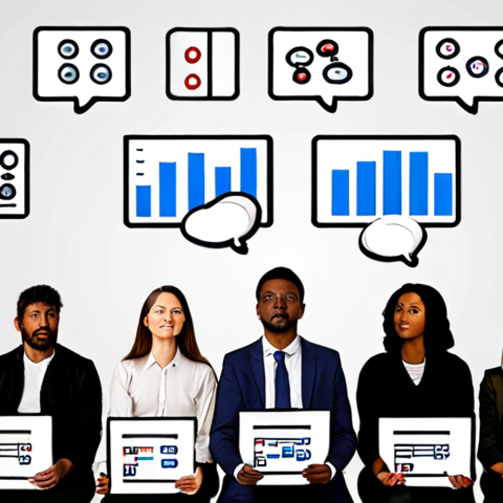 **Audience Analysis**:
- Create an image depicting a diverse group of people participating in a survey, with thought bubbles showing their needs and desires. Include elements like charts and graphs in the background to symbolize data analysis.