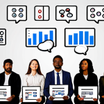 **Audience Analysis**:
   - Create an image depicting a diverse group of people participating in a survey, with thought bubbles showing their needs and desires. Include elements like charts and graphs in the background to symbolize data analysis.