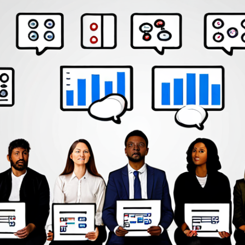Home 20 **Audience Analysis**:
- Create an image depicting a diverse group of people participating in a survey, with thought bubbles showing their needs and desires. Include elements like charts and graphs in the background to symbolize data analysis.