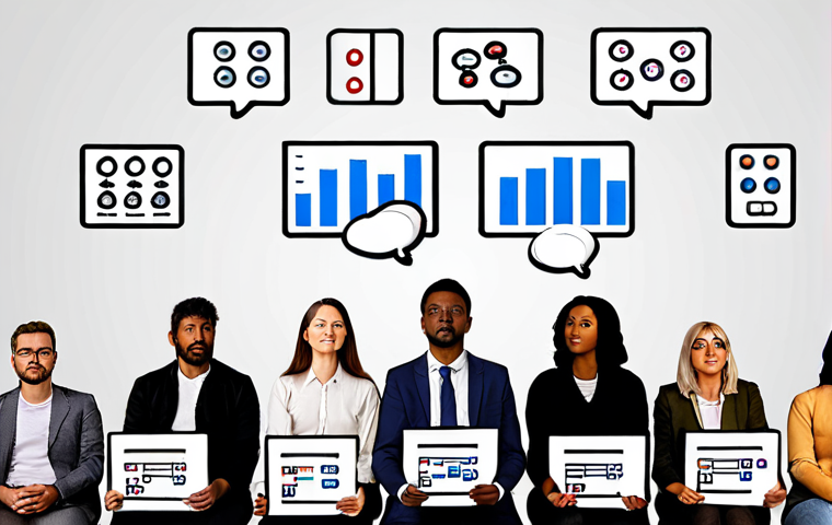 **Audience Analysis**:
- Create an image depicting a diverse group of people participating in a survey, with thought bubbles showing their needs and desires. Include elements like charts and graphs in the background to symbolize data analysis.