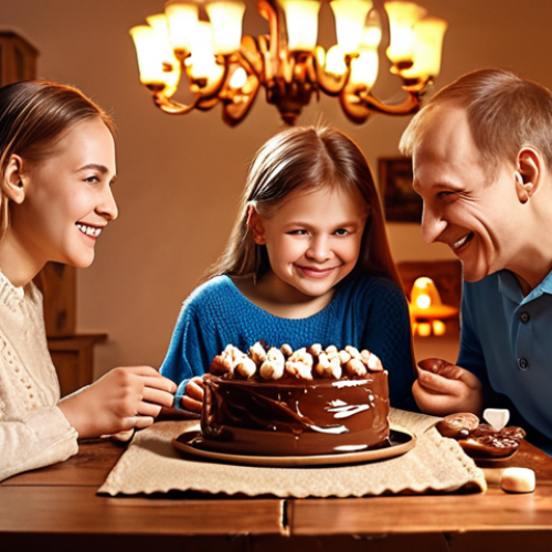 Home 19 **A happy Russian family enjoying chocolate dessert at home, warm lighting, cozy atmosphere. Emphasize the emotional connection and positive associations with the product.**