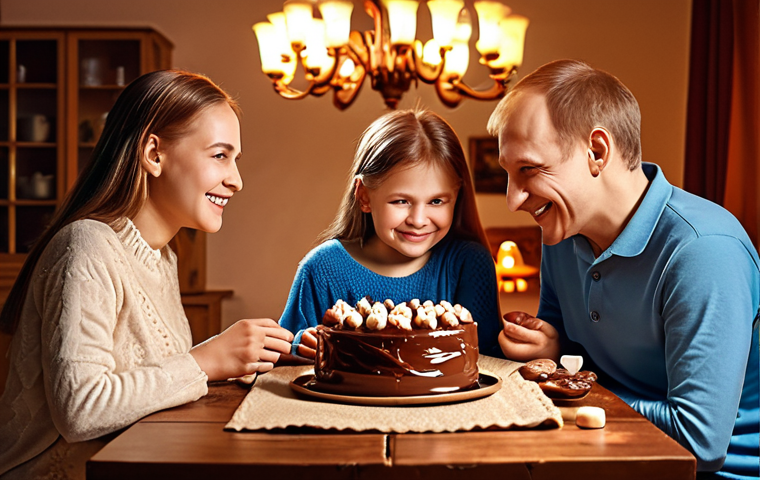 **A happy Russian family enjoying chocolate dessert at home, warm lighting, cozy atmosphere. Emphasize the emotional connection and positive associations with the product.**