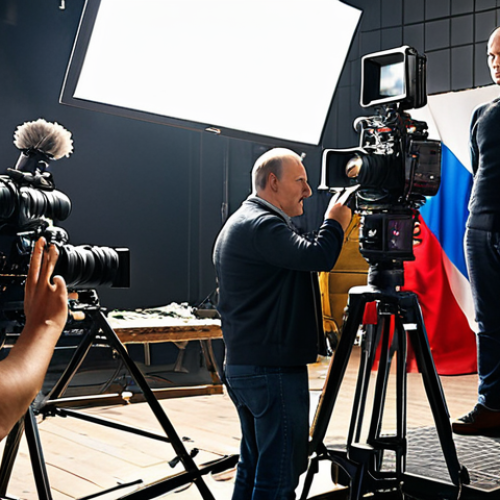 Home 9 **
A behind-the-scenes look at a TV commercial shoot in Russia. Focus on the organized chaos: cameras, lights, actors in costume being directed. Emphasize the teamwork and technical equipment involved. Possibly include a clapperboard with Cyrillic characters.
**