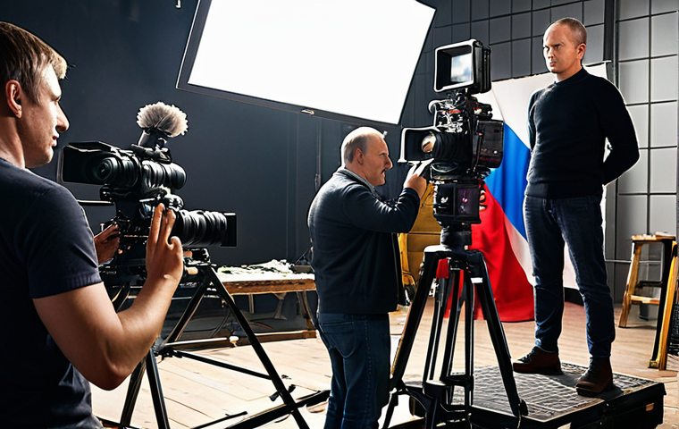 **
A behind-the-scenes look at a TV commercial shoot in Russia. Focus on the organized chaos: cameras, lights, actors in costume being directed. Emphasize the teamwork and technical equipment involved. Possibly include a clapperboard with Cyrillic characters.
**