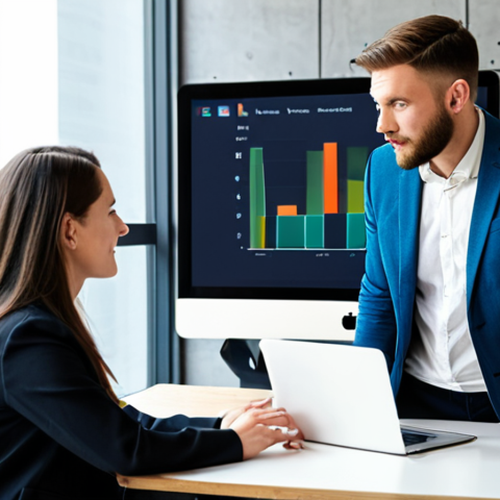 A professional female mentor and a male mentee, fully clothed in modest business casual attire, sitting at a modern desk, collaborating on a digital marketing project. They are looking at a laptop screen together; the mentor is gesturing towards the screen, explaining something, while the mentee listens attentively. The background is a bright, contemporary co-working space with large windows and subtle digital graphs on a wall monitor. High-quality professional photography, perfect anatomy, correct proportions, natural pose, well-formed hands, proper finger count, natural body proportions, safe for work, appropriate content, fully clothed, professional.