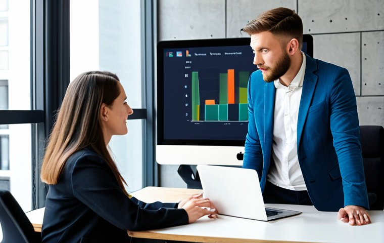 A professional female mentor and a male mentee, fully clothed in modest business casual attire, sitting at a modern desk, collaborating on a digital marketing project. They are looking at a laptop screen together; the mentor is gesturing towards the screen, explaining something, while the mentee listens attentively. The background is a bright, contemporary co-working space with large windows and subtle digital graphs on a wall monitor. High-quality professional photography, perfect anatomy, correct proportions, natural pose, well-formed hands, proper finger count, natural body proportions, safe for work, appropriate content, fully clothed, professional.