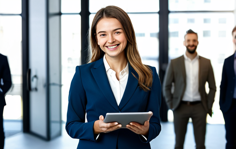 **
A successful entrepreneur, fully clothed in a stylish yet modest business suit, standing in a modern co-working space filled with natural light. She is holding a tablet and smiling confidently. Background includes blurred images of other professionals collaborating. Perfect anatomy, correct proportions, natural pose, well-formed hands, professional photography, high quality, safe for work, appropriate content, professional, family-friendly.
**
