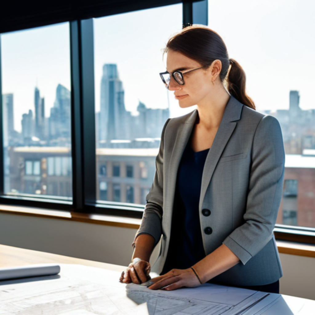 **

A professional female architect in a modern, sunlit office, reviewing blueprints. She is wearing a well-tailored, modest blazer and slacks. The office features large windows overlooking a cityscape. The scene should convey competence and creativity. Fully clothed, appropriate attire, safe for work, perfect anatomy, natural proportions, professional photography, high quality, family-friendly.

**