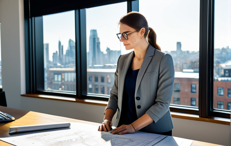 **
A professional female architect in a modern, sunlit office, reviewing blueprints. She is wearing a well-tailored, modest blazer and slacks. The office features large windows overlooking a cityscape. The scene should convey competence and creativity. Fully clothed, appropriate attire, safe for work, perfect anatomy, natural proportions, professional photography, high quality, family-friendly.
**