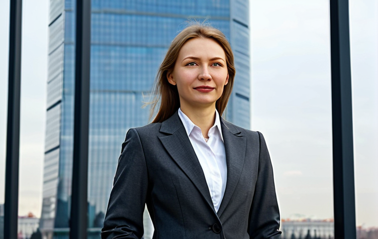 광고홍보사와 고객 관계 관리 - Modern Moscow Businesswoman**
"A professional businesswoman, early 30s, standing in front of the Mo...
