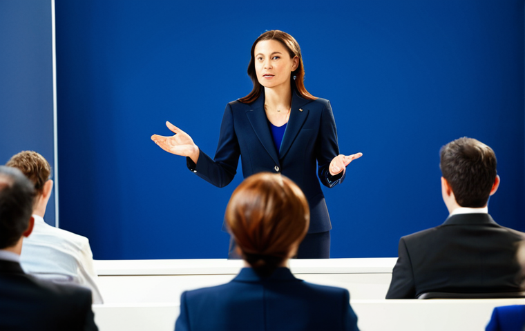 광고홍보사와 B2B 광고 기획 - Business Presentation**
"A professional businesswoman in a modest navy blue business suit, deliveri...