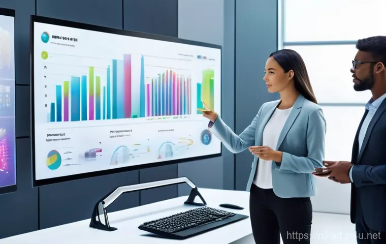 광고홍보사와 전통 광고의 현대화 - **Prompt:** A futuristic marketing team collaboratively analyzing data in a sleek, modern office. A ...