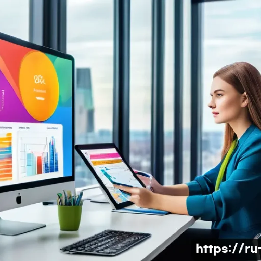 광고홍보사와 광고 제작 툴 활용 - A modern digital marketing workspace featuring a young Russian professional woman sitting at a sleek...