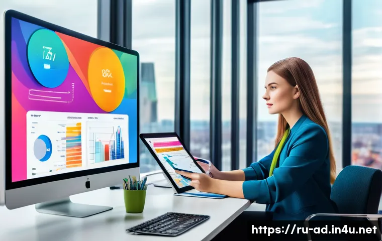 광고홍보사와 광고 제작 툴 활용 - A modern digital marketing workspace featuring a young Russian professional woman sitting at a sleek...