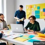 Home 21 광고홍보사와 브랜드 네이밍 기법 - A modern Russian branding workshop scene, showing a diverse team of creative professionals brainstor...