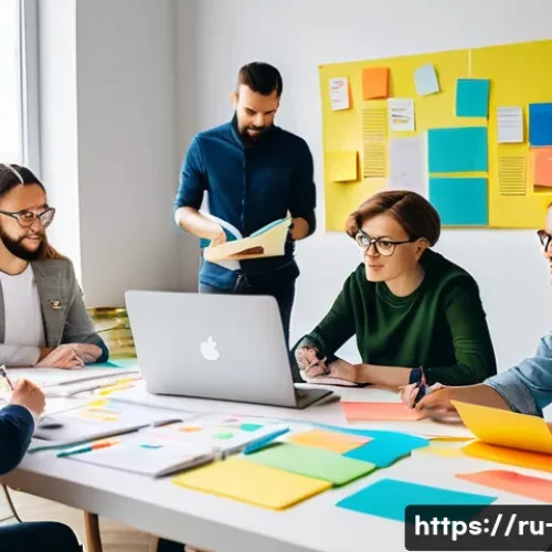 Home 33 광고홍보사와 브랜드 네이밍 기법 - A modern Russian branding workshop scene, showing a diverse team of creative professionals brainstor...