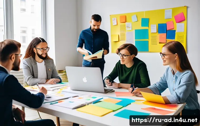 광고홍보사와 브랜드 네이밍 기법 - A modern Russian branding workshop scene, showing a diverse team of creative professionals brainstor...