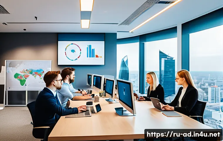 광고홍보사와 광고주 중심 광고 제작 - A detailed modern digital marketing office scene in Moscow, showing a diverse team of young professi...