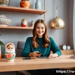 Home 19 광고홍보사와 인플루언서 협업 광고 - A professional Russian influencer sitting comfortably in a modern, stylish home office decorated wit...