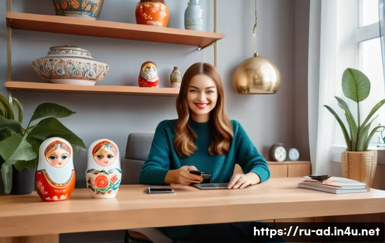 광고홍보사와 인플루언서 협업 광고 - A professional Russian influencer sitting comfortably in a modern, stylish home office decorated wit...