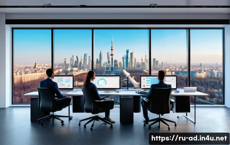 광고홍보사와 커스터마이즈드 광고 캠페인 - A modern digital marketing office scene featuring a diverse team of professionals analyzing big data...