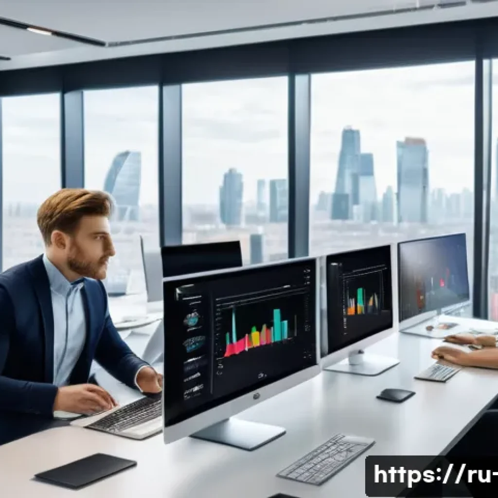 광고홍보사와 광고 운영 자동화 - A modern digital marketing office scene showing a diverse team of Russian professionals collaboratin...