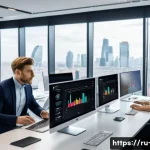 Home 23 광고홍보사와 광고 운영 자동화 - A modern digital marketing office scene showing a diverse team of Russian professionals collaboratin...