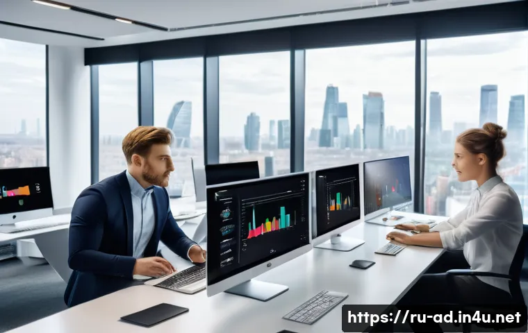 광고홍보사와 광고 운영 자동화 - A modern digital marketing office scene showing a diverse team of Russian professionals collaboratin...