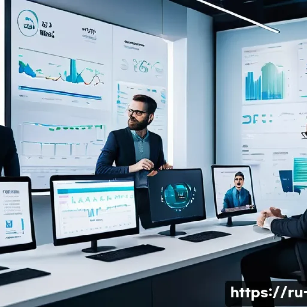 광고홍보사와 디지털 광고 시장 분석 - A modern digital marketing office scene featuring a diverse team analyzing data on large interactive...