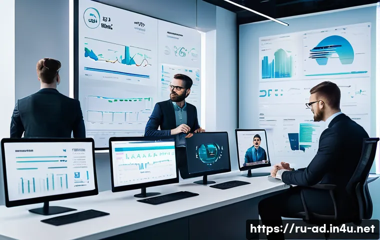 광고홍보사와 디지털 광고 시장 분석 - A modern digital marketing office scene featuring a diverse team analyzing data on large interactive...