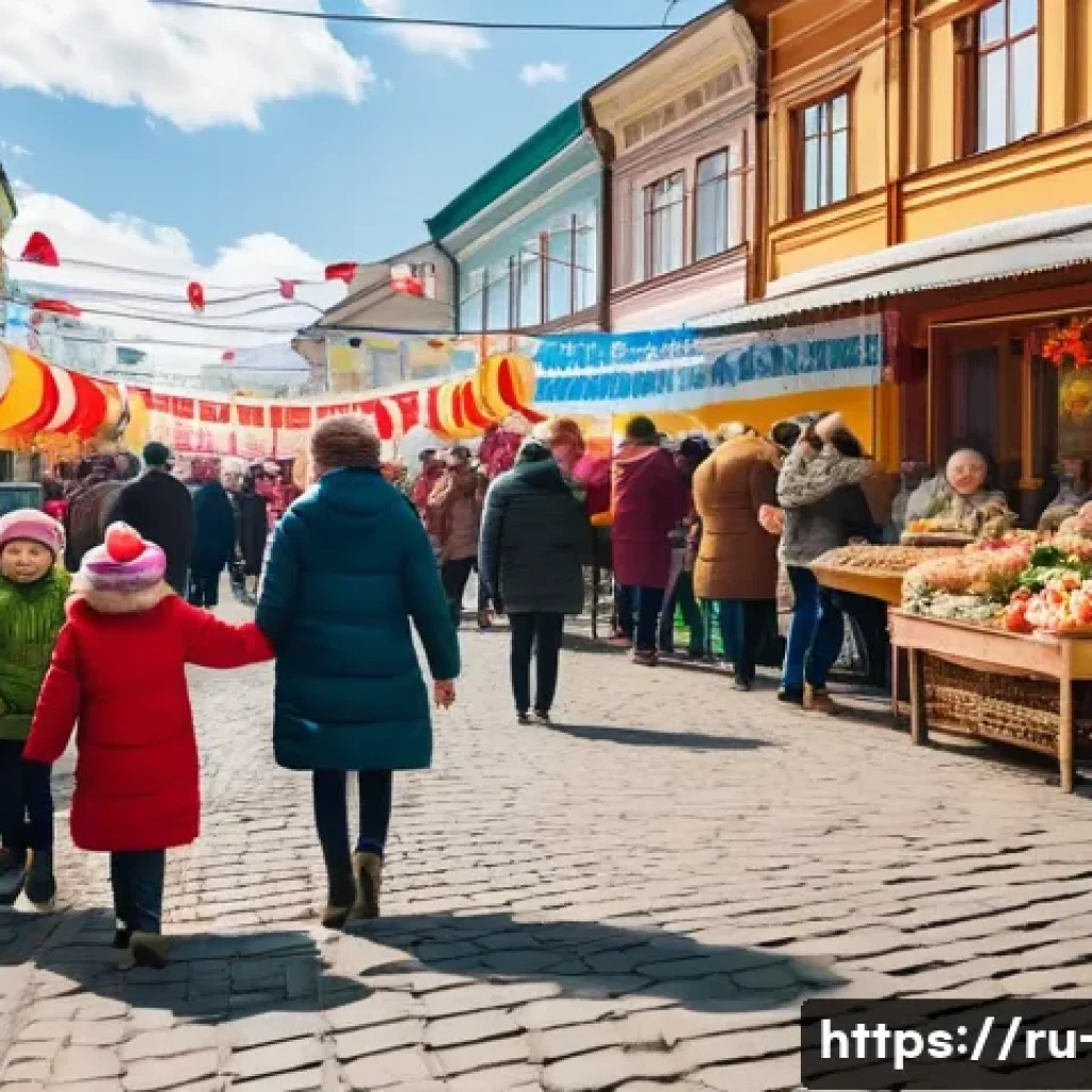 광고홍보사와 로컬 브랜드 광고 성공 사례 - A vibrant street scene in a mid-sized Russian city during a local festival, featuring diverse reside...