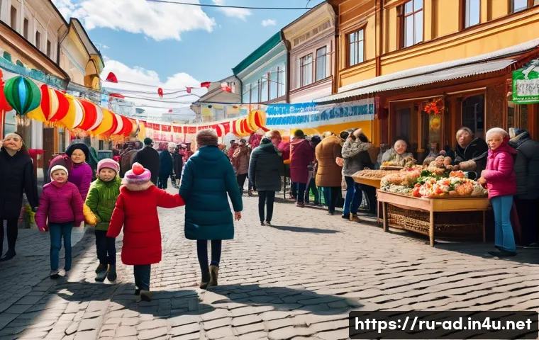 광고홍보사와 로컬 브랜드 광고 성공 사례 - A vibrant street scene in a mid-sized Russian city during a local festival, featuring diverse reside...