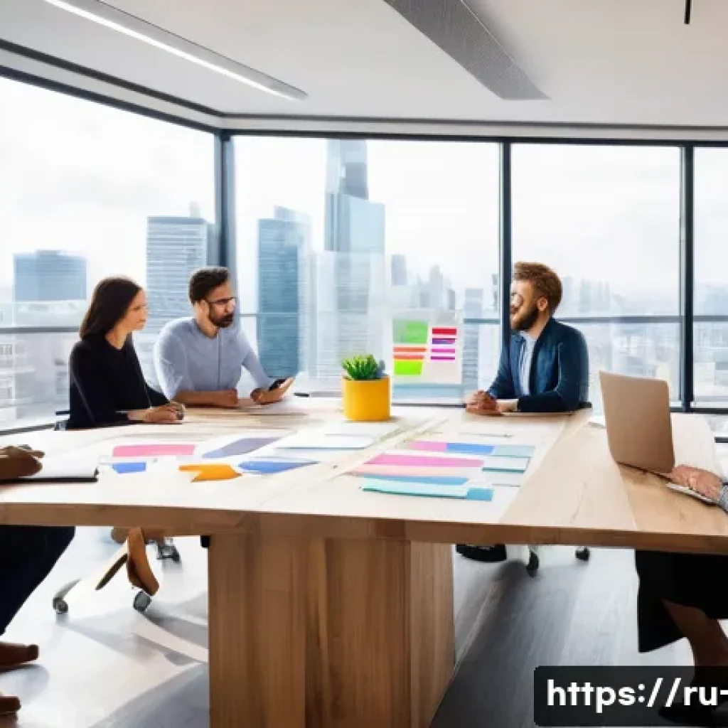 광고홍보사와 크리에이티브 광고 제안서 작성 - A modern digital marketing team brainstorming session in a bright, stylish office decorated with sle...