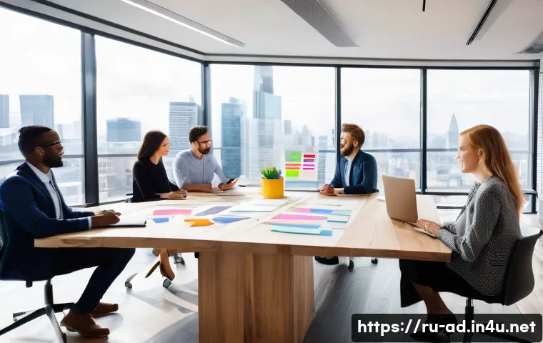광고홍보사와 크리에이티브 광고 제안서 작성 - A modern digital marketing team brainstorming session in a bright, stylish office decorated with sle...