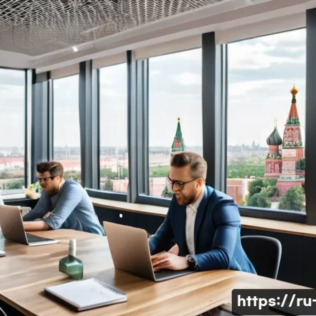 광고홍보사 연봉 수준 조사 - A modern Moscow advertising agency office scene, showing a diverse team of professionals collaborati...