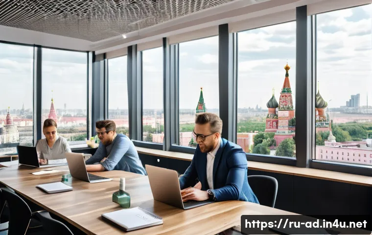 광고홍보사 연봉 수준 조사 - A modern Moscow advertising agency office scene, showing a diverse team of professionals collaborati...