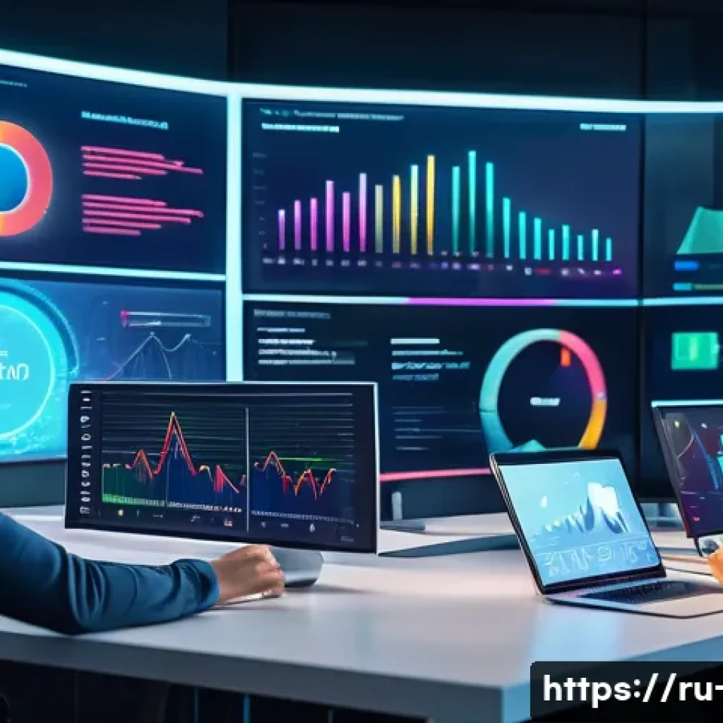 광고홍보사 AI 활용법 - A modern digital marketing office scene showcasing diverse professionals analyzing large interactive...