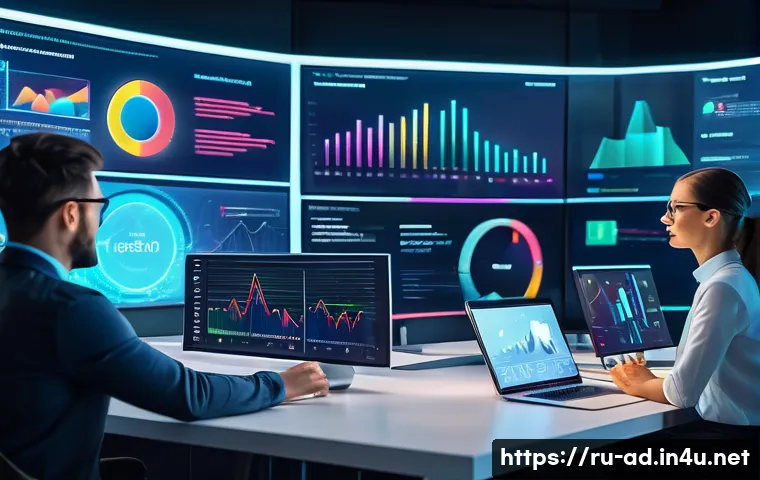 광고홍보사 AI 활용법 - A modern digital marketing office scene showcasing diverse professionals analyzing large interactive...