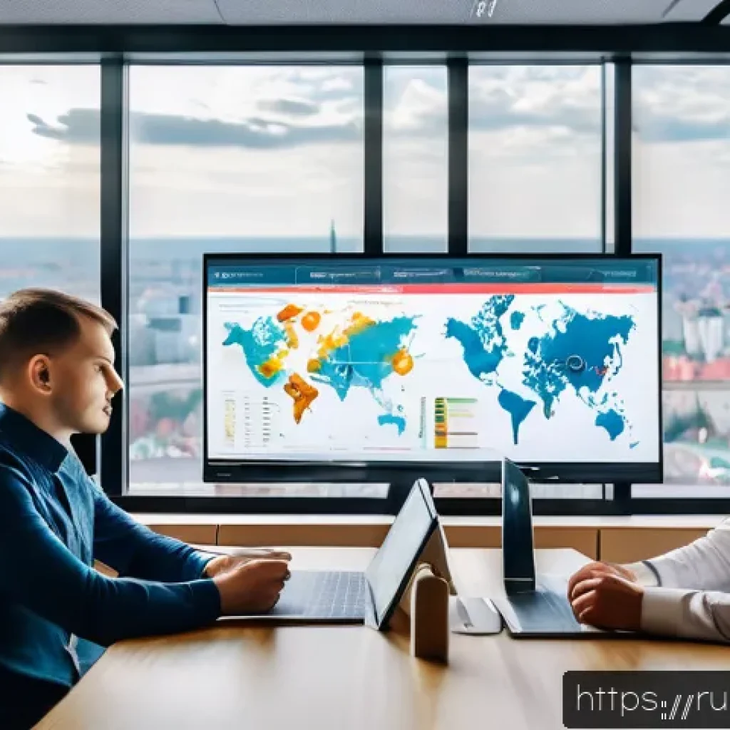 광고홍보사와 360도 마케팅 전략 - A modern Russian digital marketing office environment showing a diverse team of young professionals ...