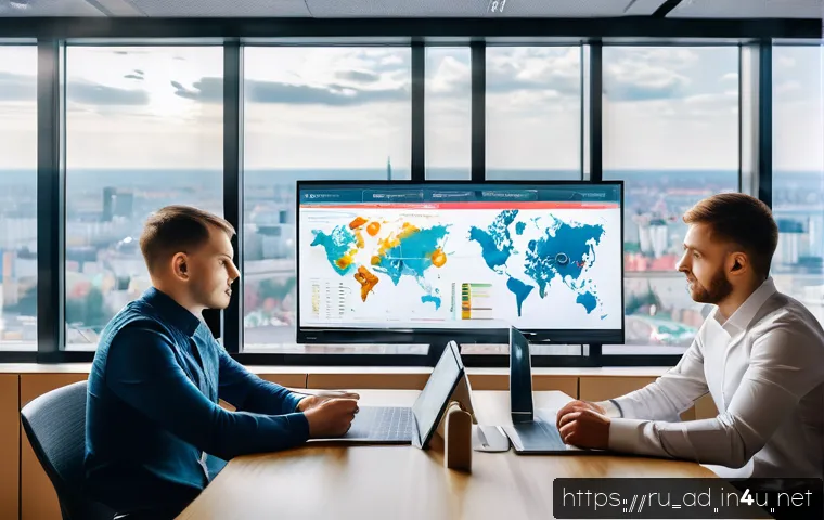 광고홍보사와 360도 마케팅 전략 - A modern Russian digital marketing office environment showing a diverse team of young professionals ...