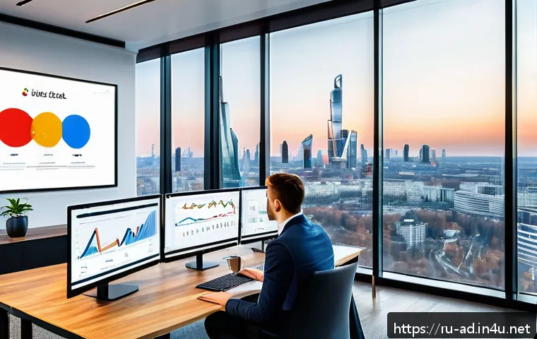 광고홍보사와 미디어 기획 도구 - A modern digital marketing team collaborating in a bright, spacious office with multiple large scree...