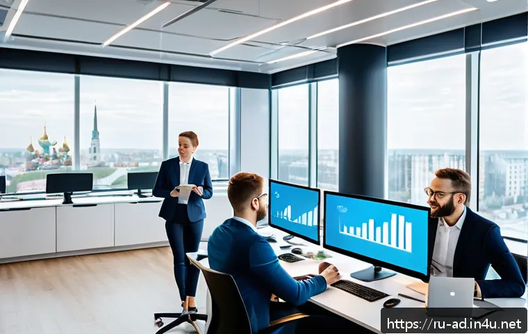 광고홍보사와 신제품 런칭 광고 캠페인 - A modern Russian marketing team in a sleek, bright office space, analyzing audience data on multiple...