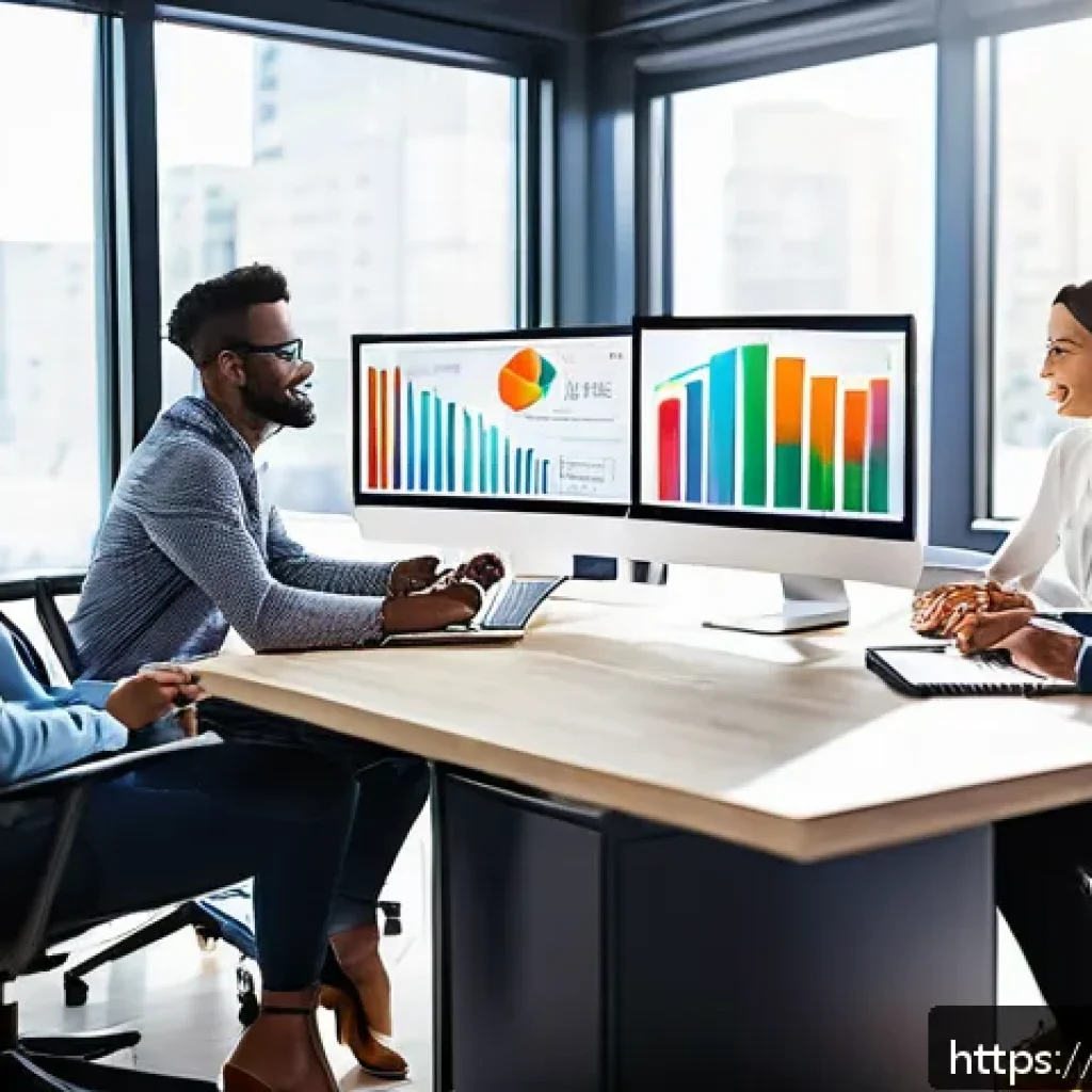 광고홍보사와 브랜드 캠페인 성과 - A professional digital marketing team in a modern office setting, analyzing colorful data charts and...