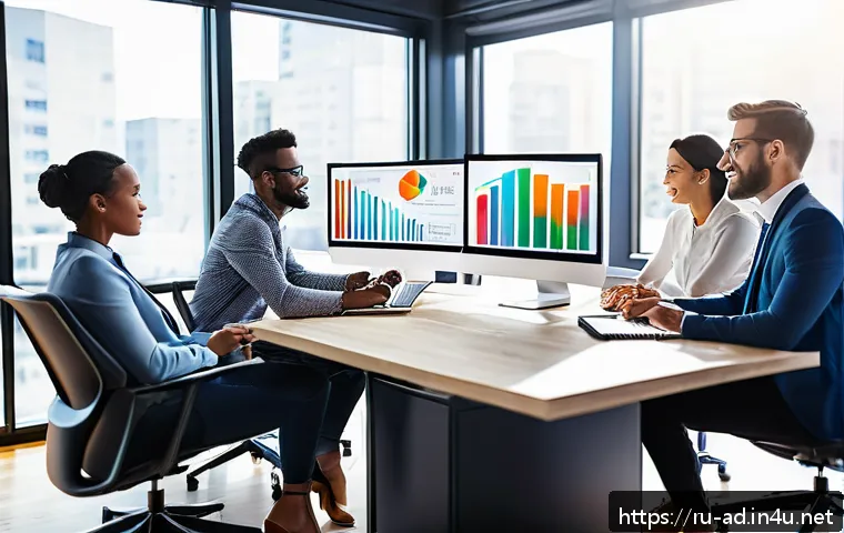 광고홍보사와 브랜드 캠페인 성과 - A professional digital marketing team in a modern office setting, analyzing colorful data charts and...