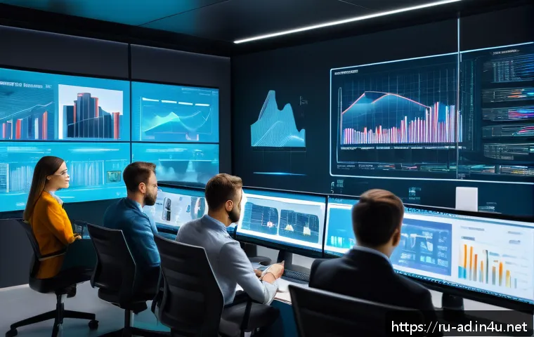 광고홍보사와 광고 ROI 혁신 전략 - A modern digital marketing office scene showcasing a team of diverse Russian professionals analyzing...