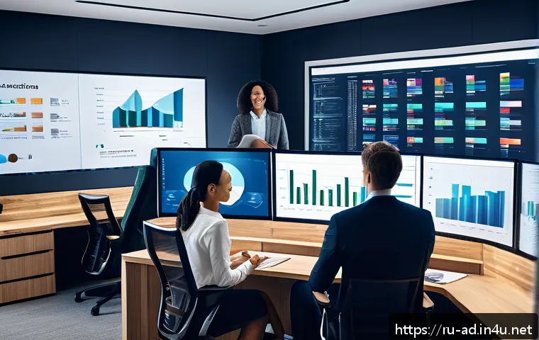 광고홍보사와 마케팅 전문가 차이 - A modern office setting showing a diverse team of marketing professionals analyzing market data on l...