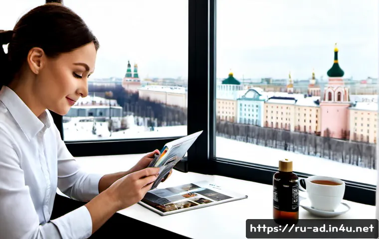 Home 17 광고홍보사와 네이티브 광고 기법 - Photorealistic modern Moscow advertising agency workspace, diverse Russian creative team reviewing a...