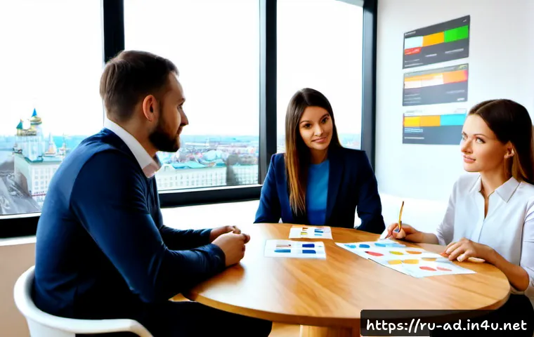 Home 17 광고홍보사와 효과적인 광고 기획 프로세스 - Photorealistic modern Moscow advertising agency planning session, diverse Russian creative team of f...