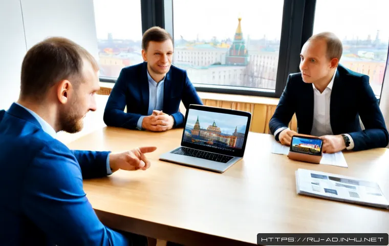 Home 17 광고홍보사와 통합 광고 전략 - Photorealistic integrated advertising strategy meeting in a modern Moscow creative agency, diverse R...