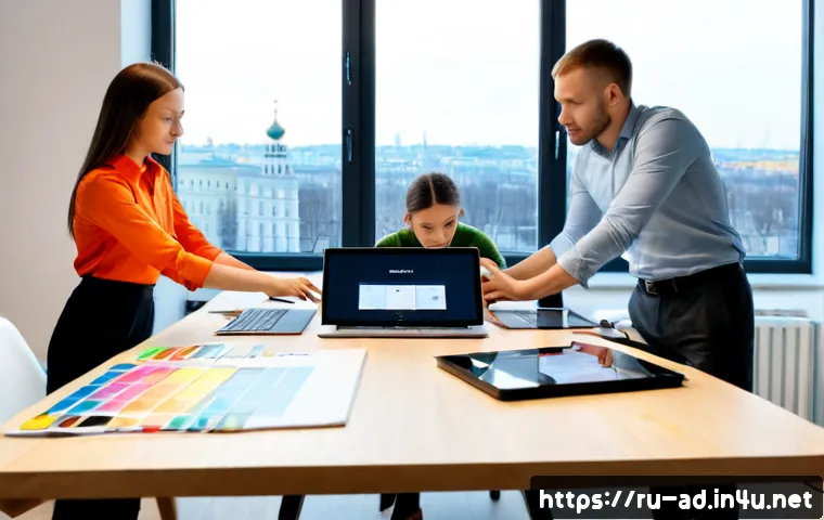 Home 17 광고홍보사와 제품 출시 광고 캠페인 - Photorealistic advertising agency team in a modern Moscow creative studio preparing a new consumer p...